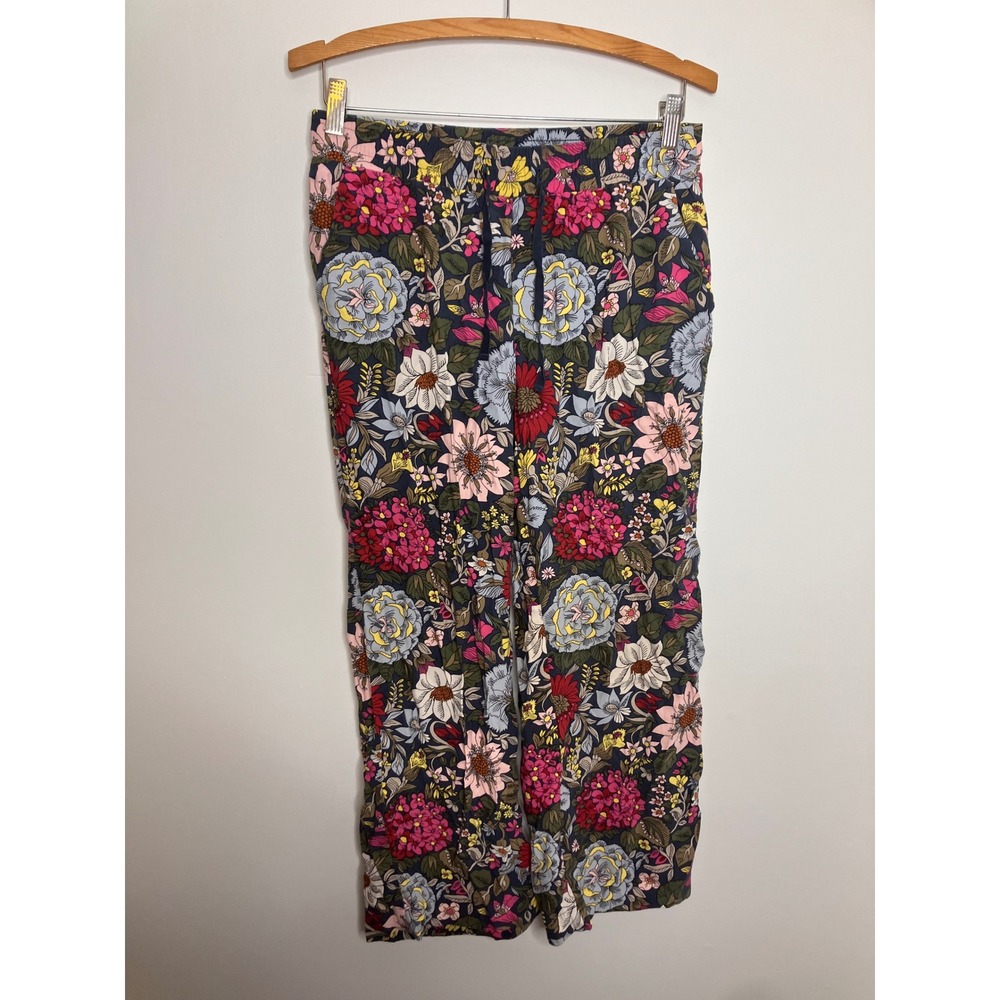 LOFT Floral Wide Leg Pants Women SP Navy Blue Excellent Drawstring Pockets